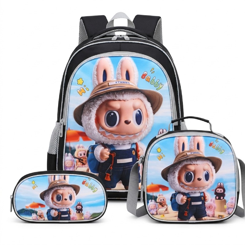 Pack Sac À Dos Scolaire LABUBU 3 Compartiments Avec Panier Et Trousse - Noir