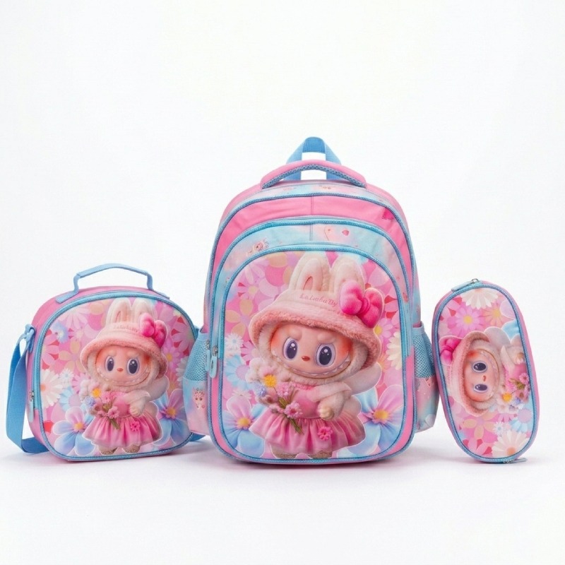 Pack Sac À Dos Scolaire LABUBU 3 Compartiments Avec Panier Et Trousse - Rose
