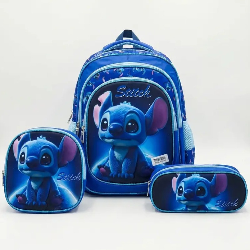 Pack Sac À Dos Scolaire Stitch 3 Compartiments Avec Panier Et Trousse - Bleu