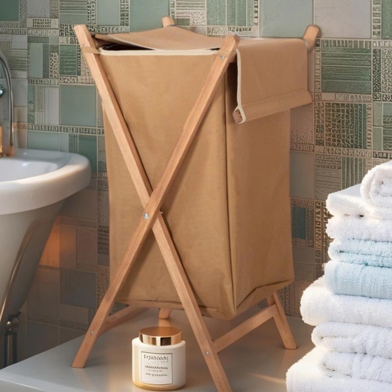 Panier à Linge Pliable en Bois Grand Modèle - Beige - Image 2