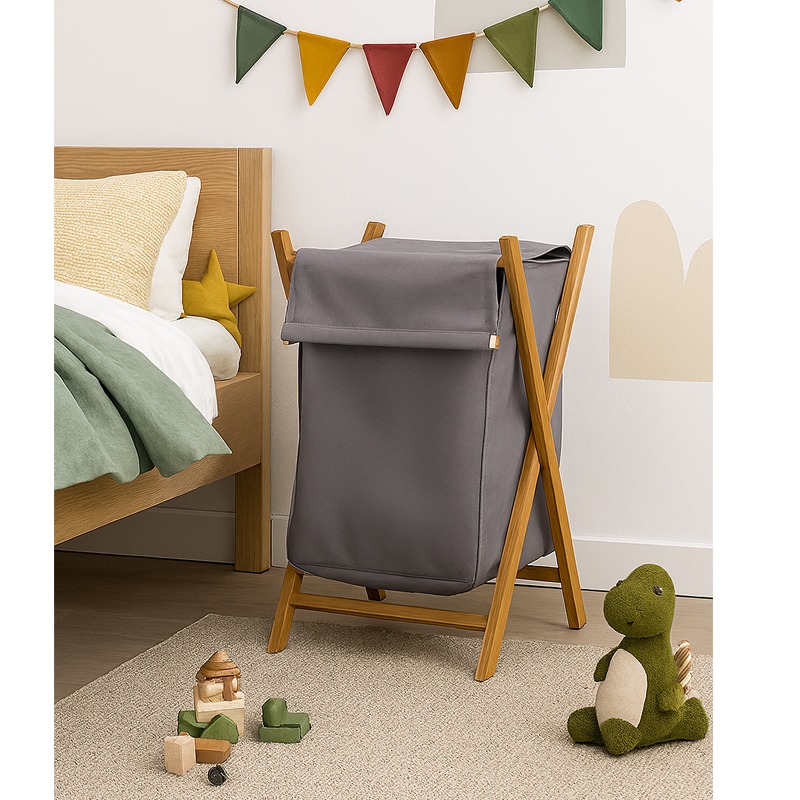 Panier à Linge Pliable en Bois Grand Modèle - Gris - Image 3