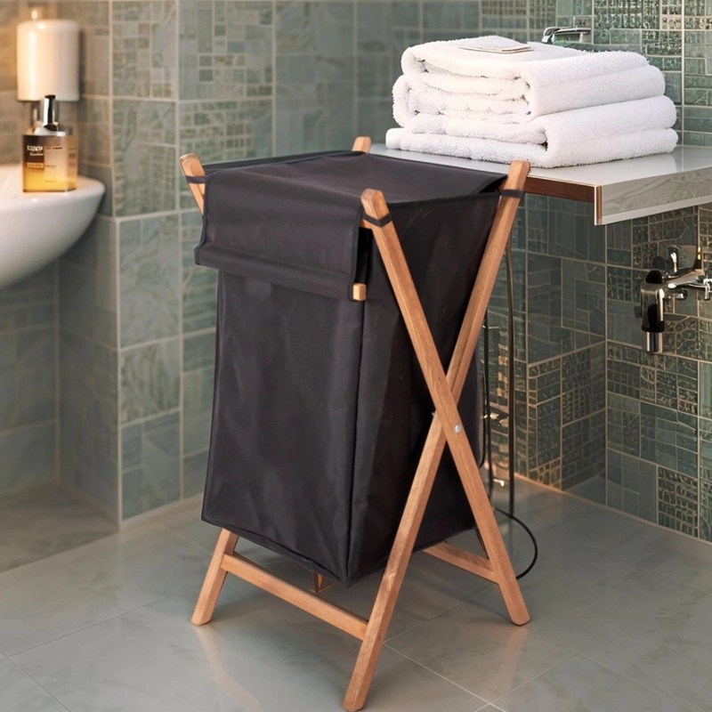 Panier à Linge Pliable en Bois Grand Modèle - Noir - Image 2
