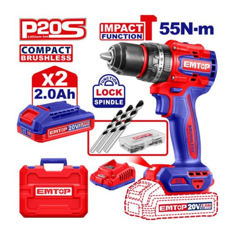 Perceuse EMTOP Sans Fil À Perc Brush 20V 55NM - ECIDL20558 - Image 2