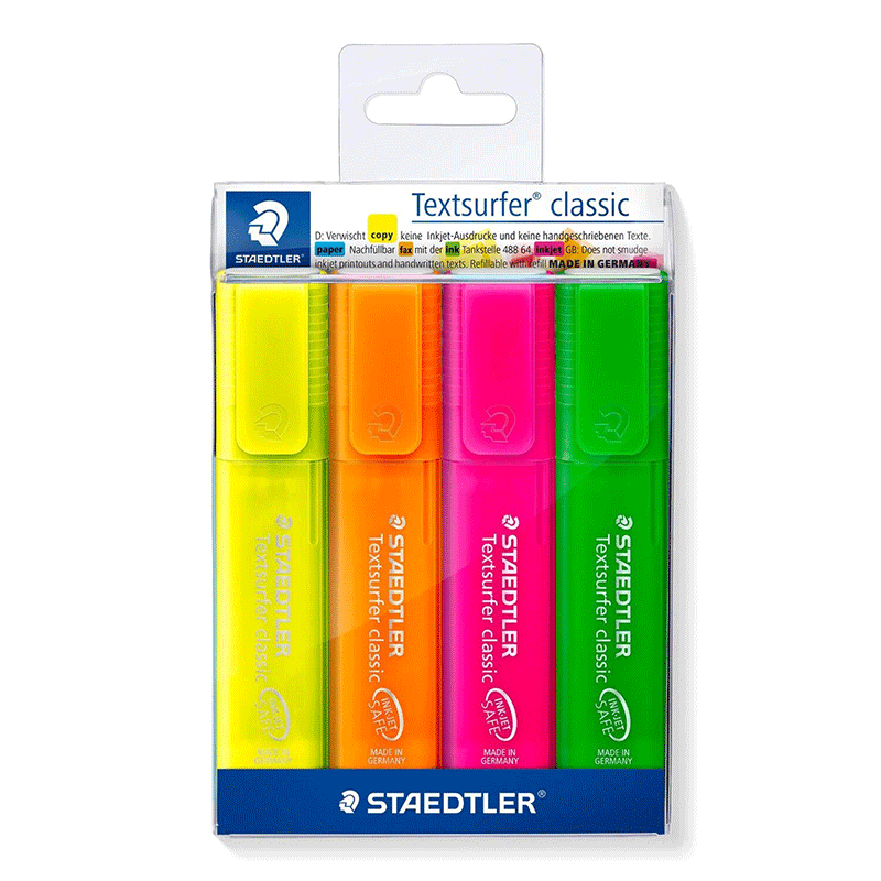 Staedtler Textsurfer classic 364 marqueur 4 pièce(s) Pointe biseautée Bleu, Vert, Rose, Jaune, Photo boutique MyTek chez MyTek
