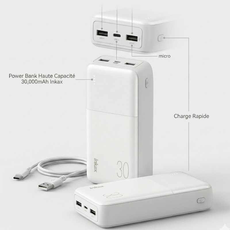 Power Bank INKAX PB-08 30000 mAh Charge Rapide - Blanc - Image 3