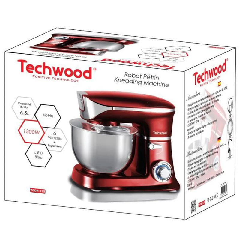 Robot Pétrin TECHWOOD TCDR-135 6.5 Litres 1300W - Rouge - Image 3