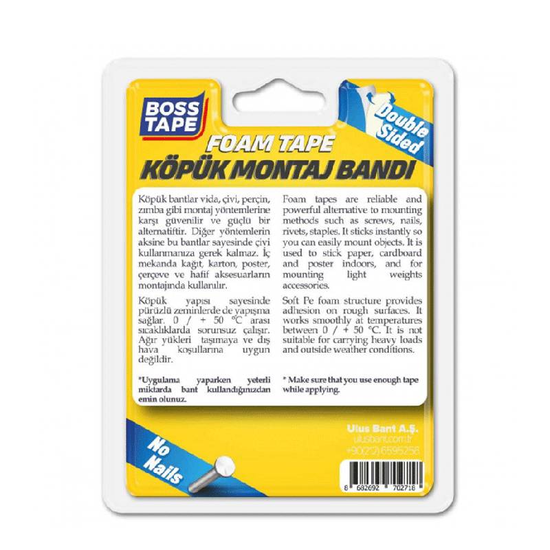 Ruban de montage BOSS TAPE en mousse acrylique 5 kg 19 mm x 2 mètres - Blanc  - Image 2