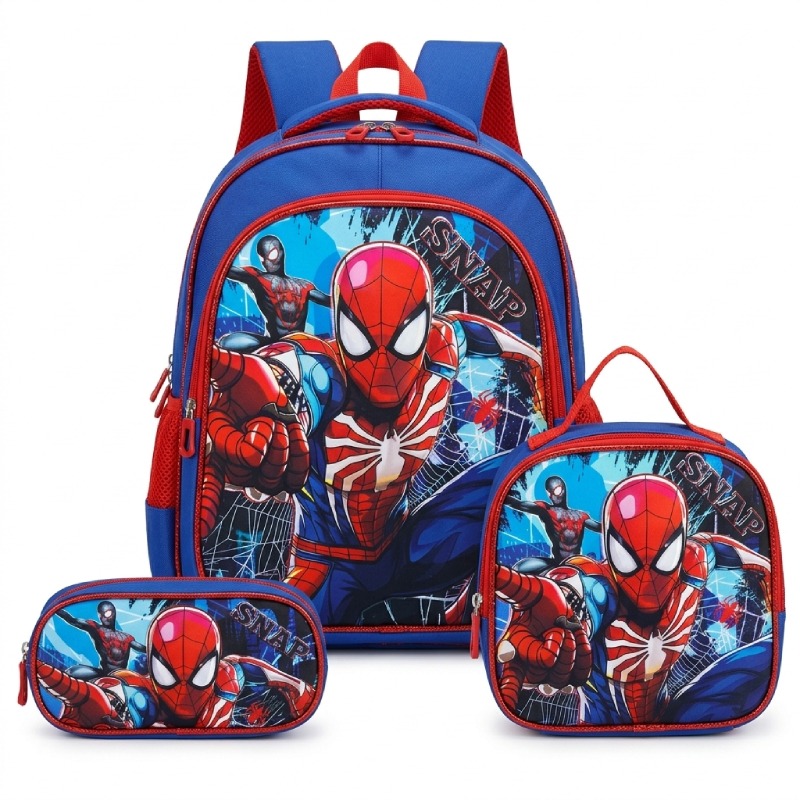 Sac À Dos Scolaire Spiderman 3 Compartiments Avec Panier Et Trousse - Bleu
