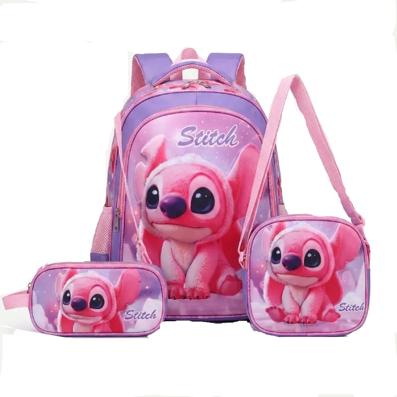 Sac À Dos Scolaire Stitch 3 Compartiments Avec Panier Et Trousse - Violet