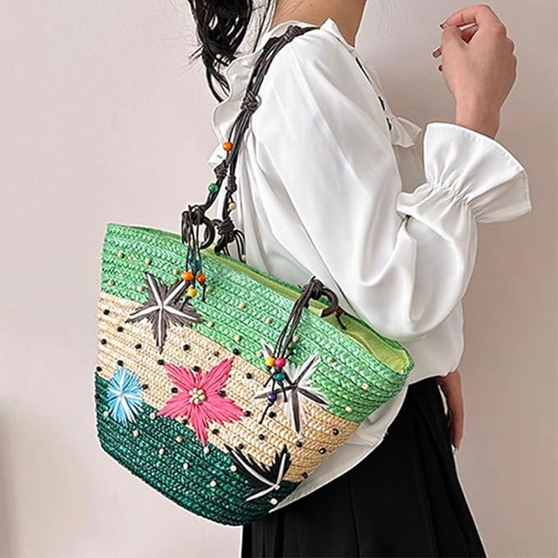 Sac Cabas Bohème aux Accents Colorés - Vert - Image 2