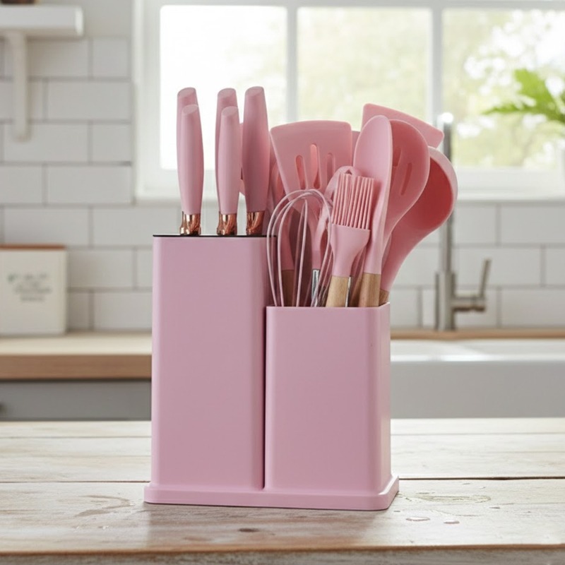 Set De 19 Ustensiles De Cuisine En Silicone - Rose - Image 4