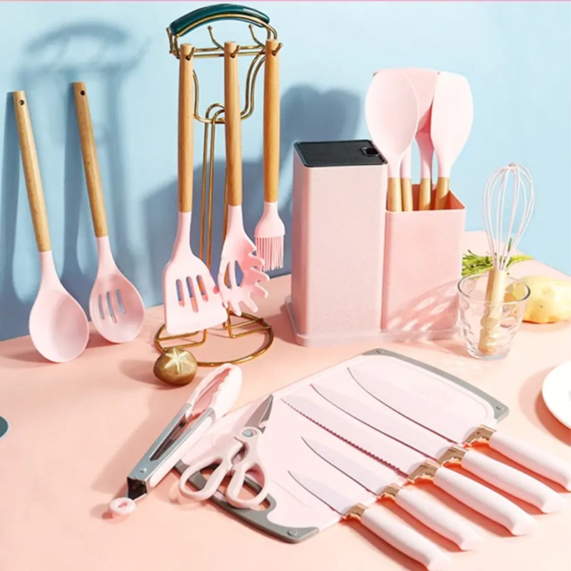 Set De 19 Ustensiles De Cuisine En Silicone - Rose - Image 6