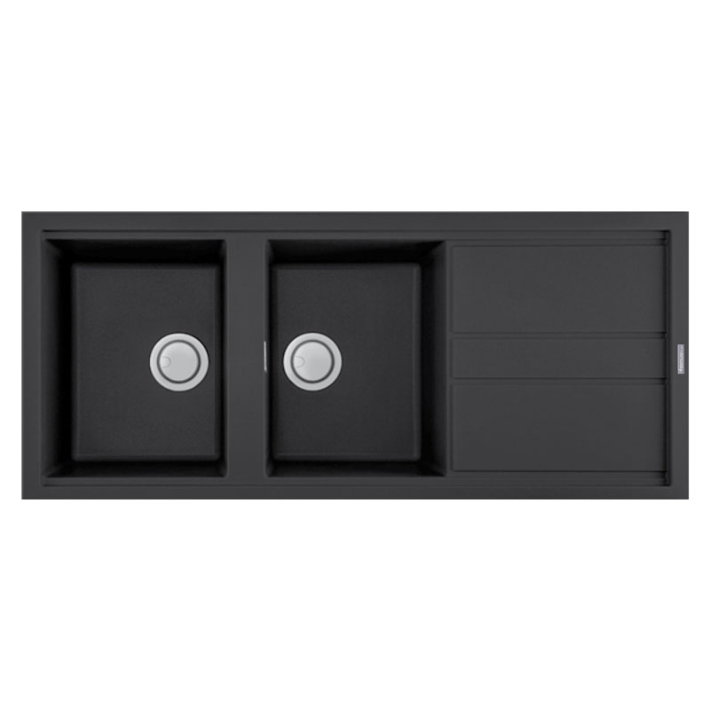 Évier De Cuisine Encastrable FOCUS Graniteck 2 Bacs + égouttoir 116cm - Noir