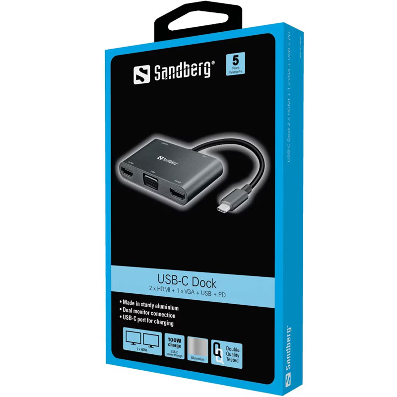 Station d'accueil SANDBERG Dock USB-C 2XHDMI+1XVGA+USB+PD - Gris - Image 2