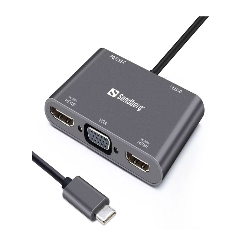 Sandberg USB-C Dock 2xHDMI+1xVGA+USB+PD, Photo boutique MyTek chez MyTek