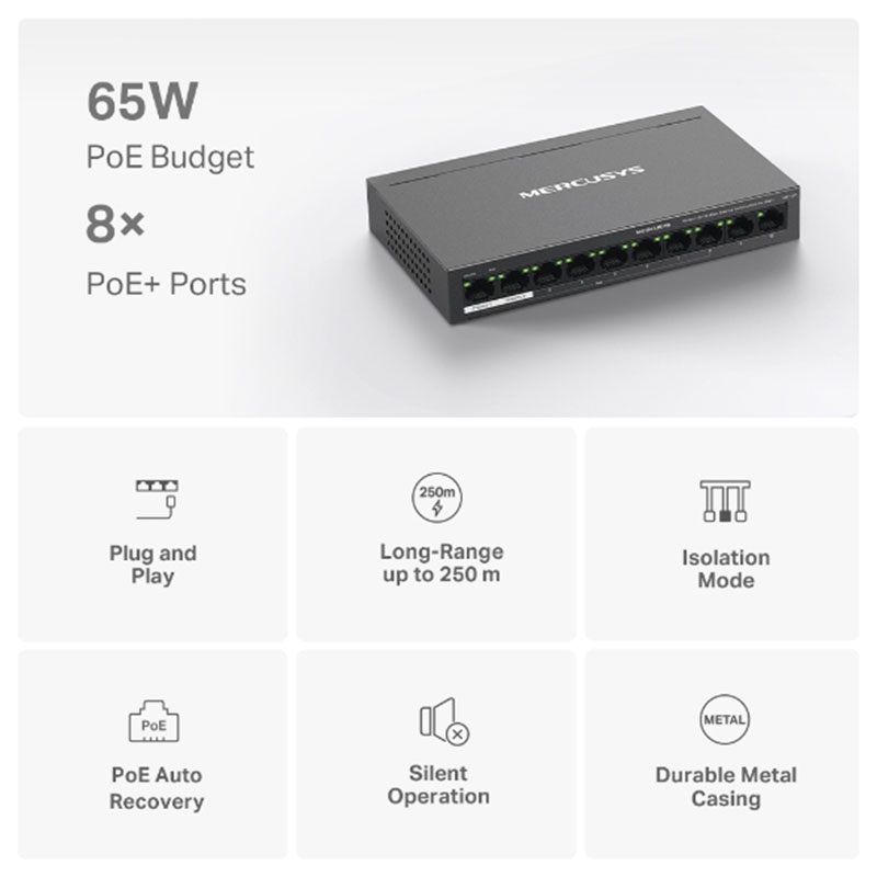 Switch de bureau MERCUSYS MS110P 10 Ports /100 MBPS 8 PORTS POE+ BUDGET POE 65W - Image 4