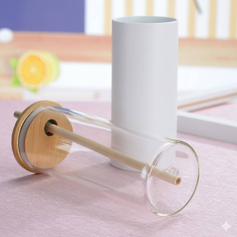 Tasse En Verre Avec Couvercle et Paille - Blanc - Image 3