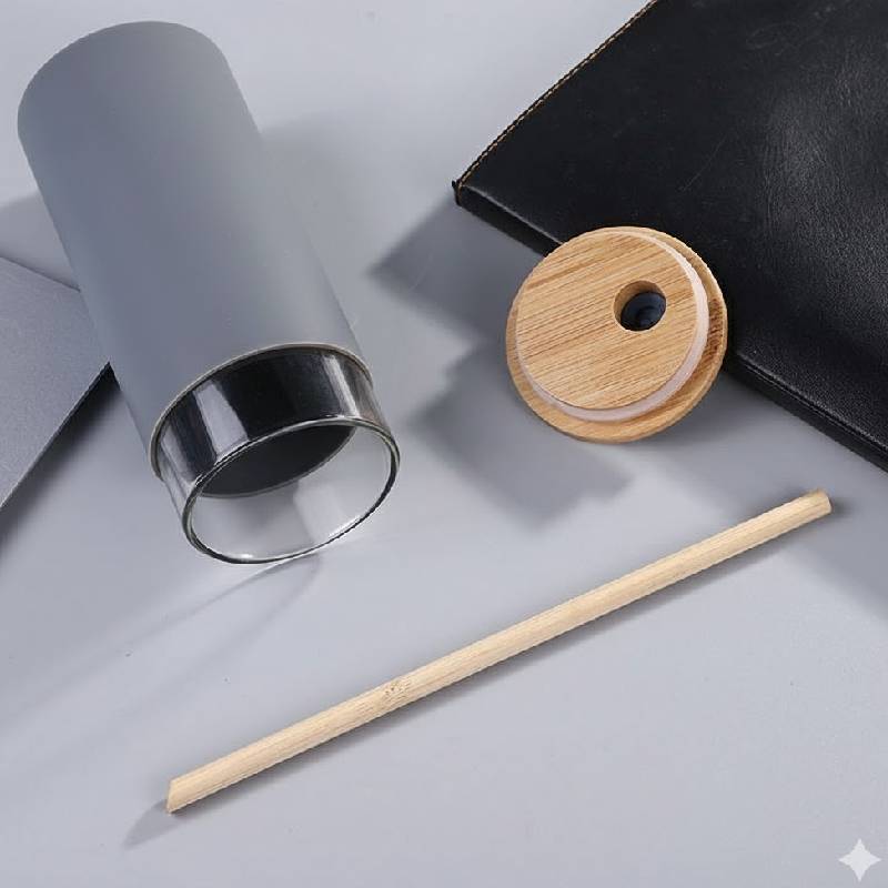 Tasse En Verre Avec Couvercle et Paille - GRIS - Image 4