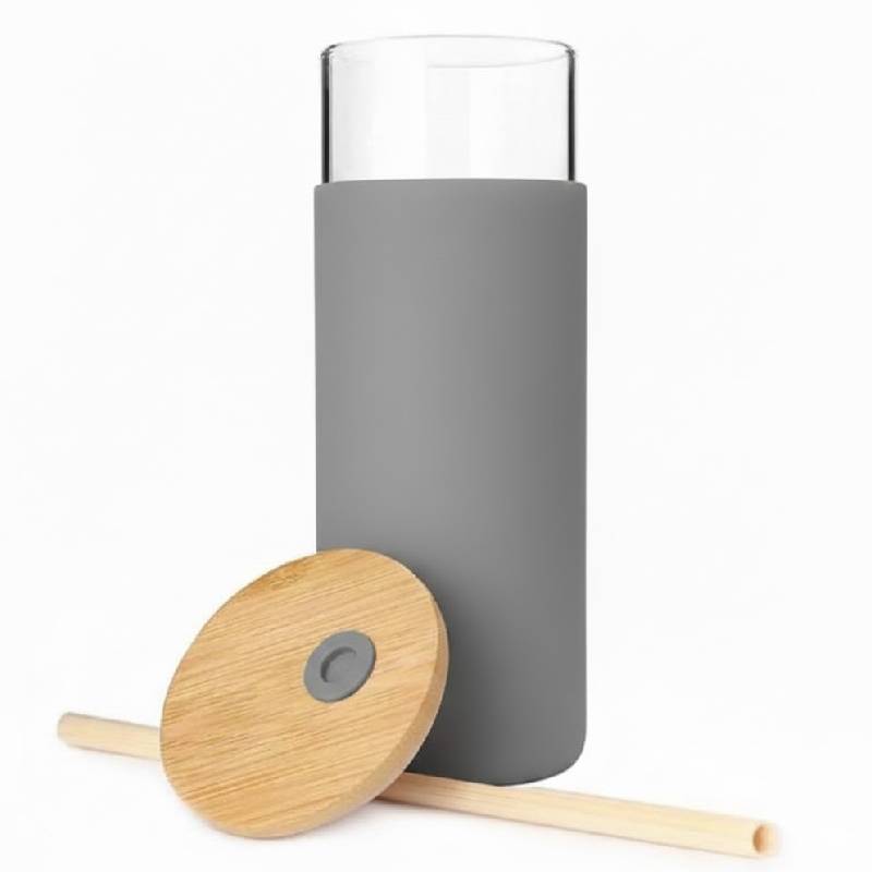 Tasse En Verre Avec Couvercle et Paille - GRIS