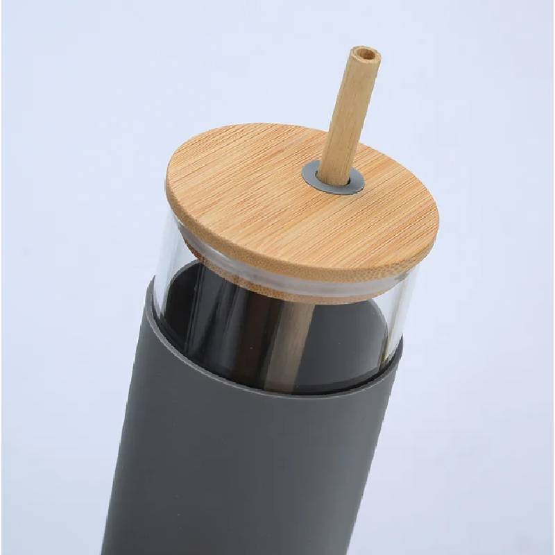 Tasse En Verre Avec Couvercle et Paille - Gris foncé - Image 5
