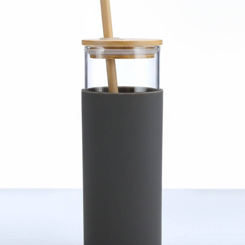 Tasse En Verre Avec Couvercle et Paille - Gris foncé - Image 2