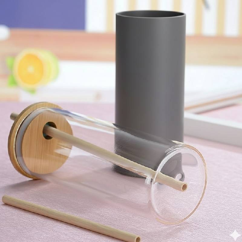 Tasse En Verre Avec Couvercle et Paille - Gris foncé - Image 3