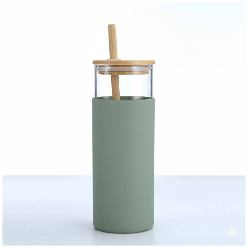 Tasse  En Verre Avec Couvercle et Paille - Vert - Image 2