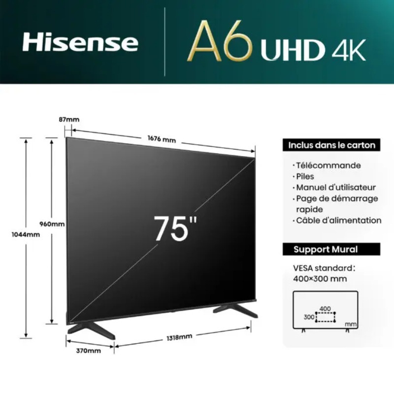 TV HISENSE 75" Smart Série A6N 4K ULTRA HD - Noir - Image 4